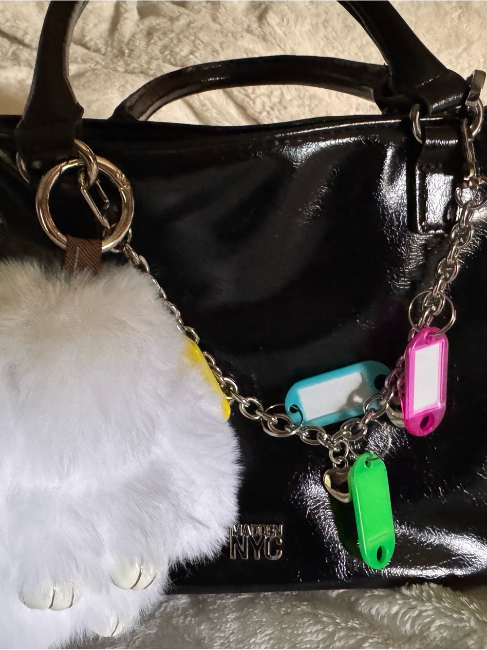 Patent Black Tote with Colorful Charm Accents